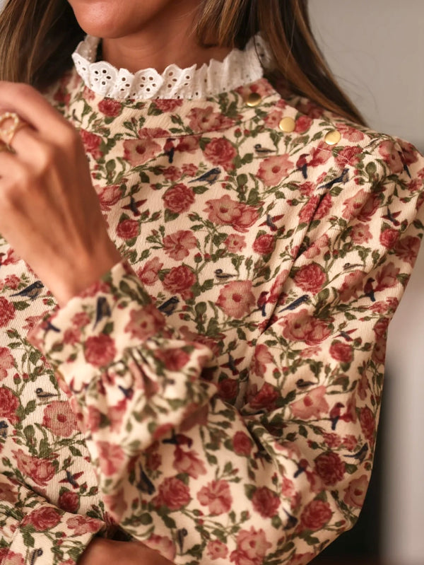 Túnica floral com gola bordada